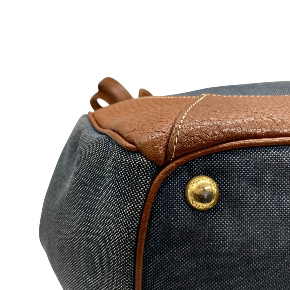 PRADA Prada Logo Jacquard Tote Bag Shoulder Denim Leather Blue Brown Gold Har... - Picture 9 of 16